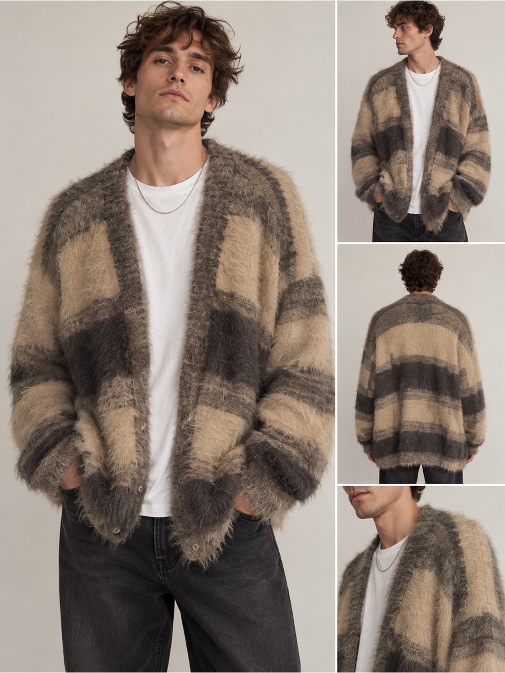 Topman Men's Fuzzy Striped Cardigan in Gray and Cream - Picture 11 of 11
